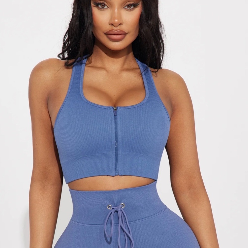 Blue Ribbed Zip-Up Crop Top